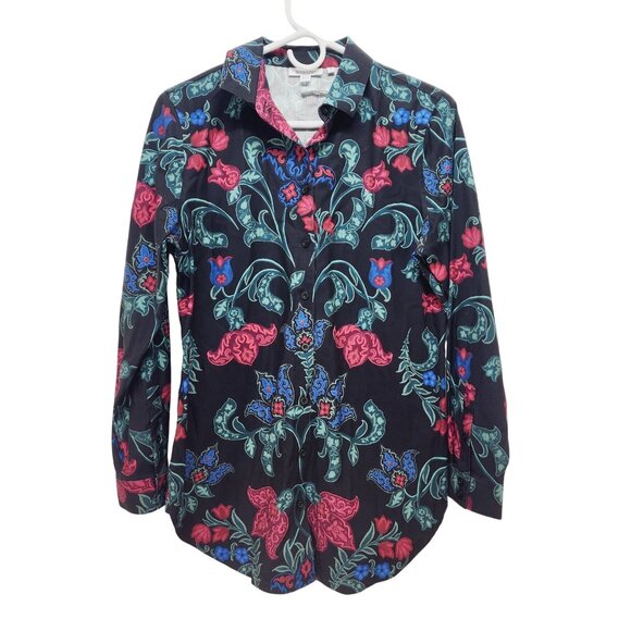 Chicos Womens Shirt Floral Button-Up Size 4 Black/Red/Blue Long Sleeve - Picture 2 of 10